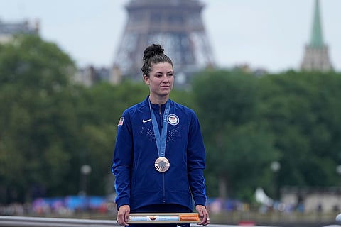 Women's cycling time trial medal ceremony: Bronze medalist Chloe Dygert, of United States